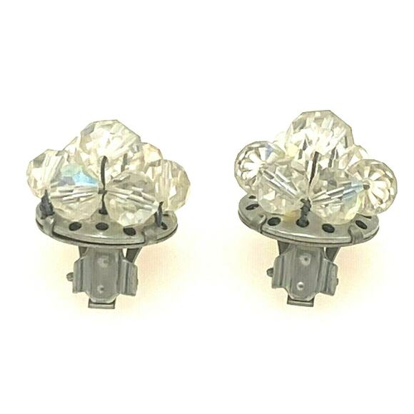 Vintage Faceted Clear Beaded Clip-On Earrings Round Silver Tone, 3/4" - Picture 3 of 8